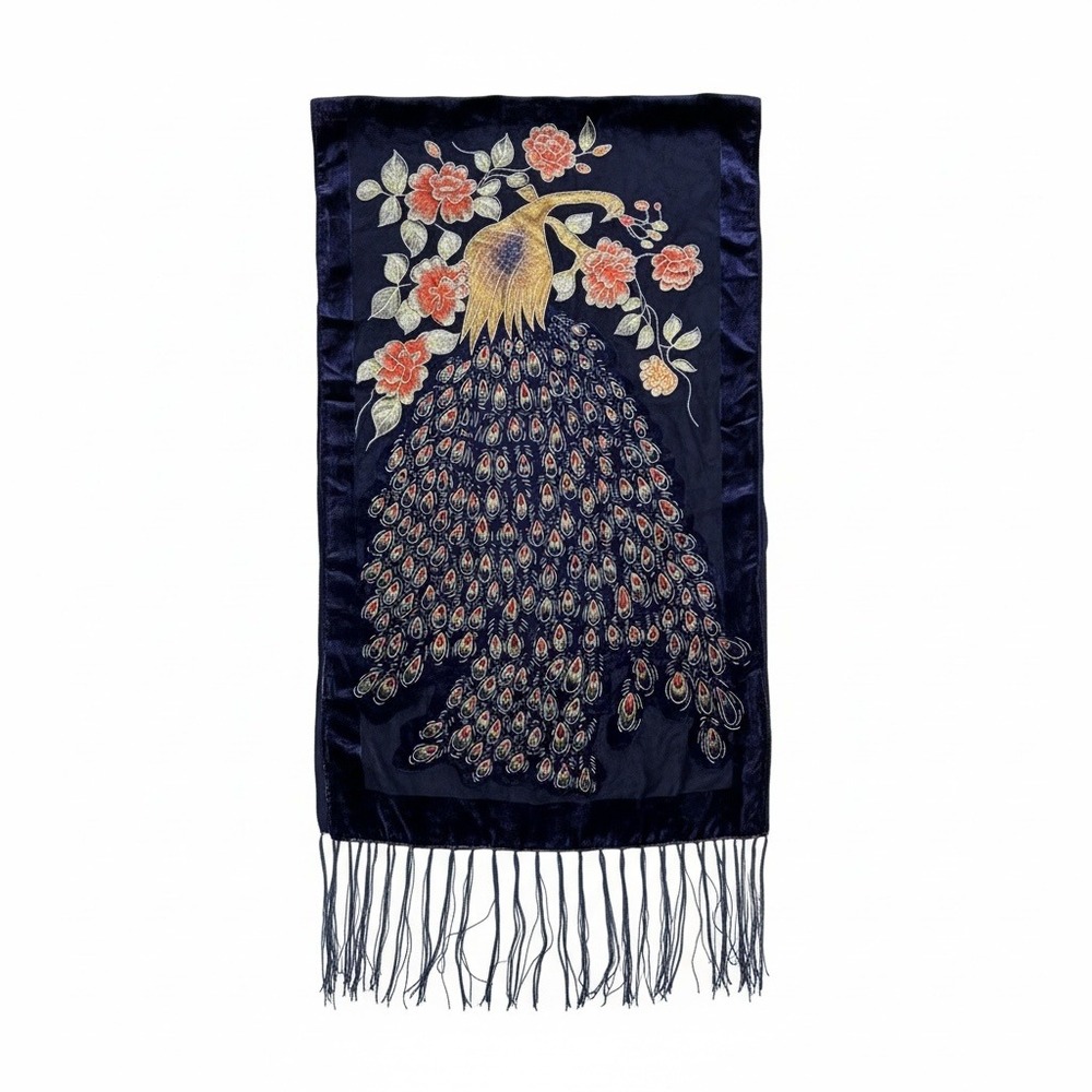 Navy Blue Velvet Peacock Floral Embroidered Fringe Shawl Wrap Scarf Sheer